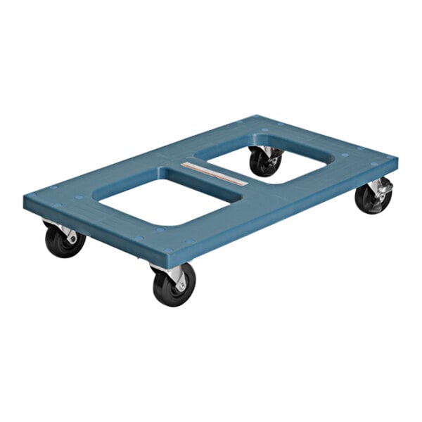 A blue plastic Vestil dolly with four black wheels.