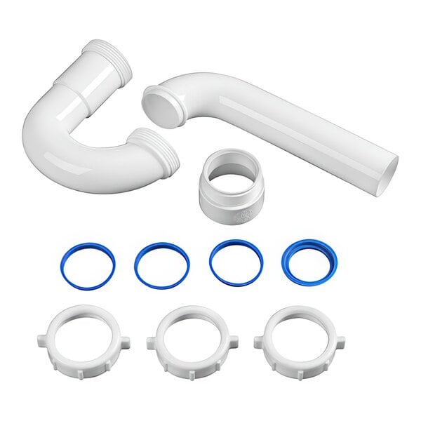 A white plastic pipe with blue and white fittings and a reversible J-bend.