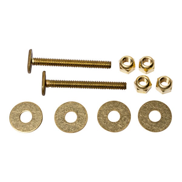 A set of brass bolts and nuts with circular metal ends.