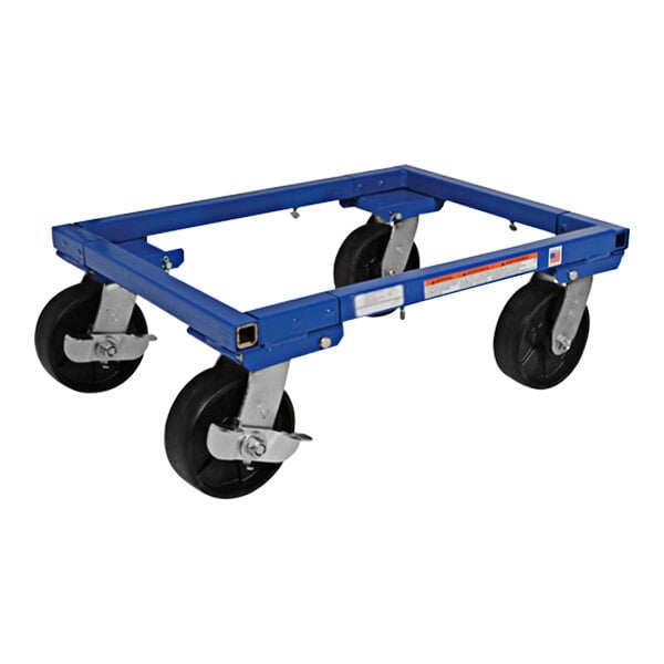 A blue metal Vestil tote dolly with black wheels.