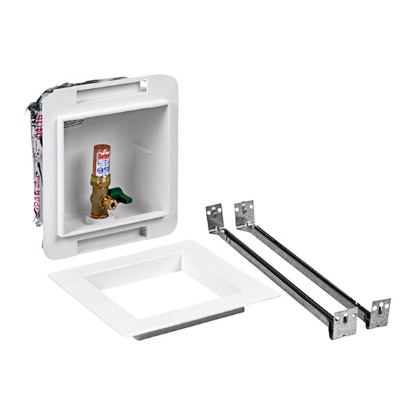 A white Oatey ice maker outlet box with a valve and metal brackets.