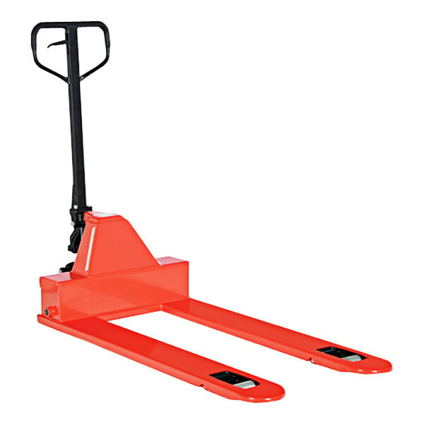 A red Vestil steel pallet truck with black handle.