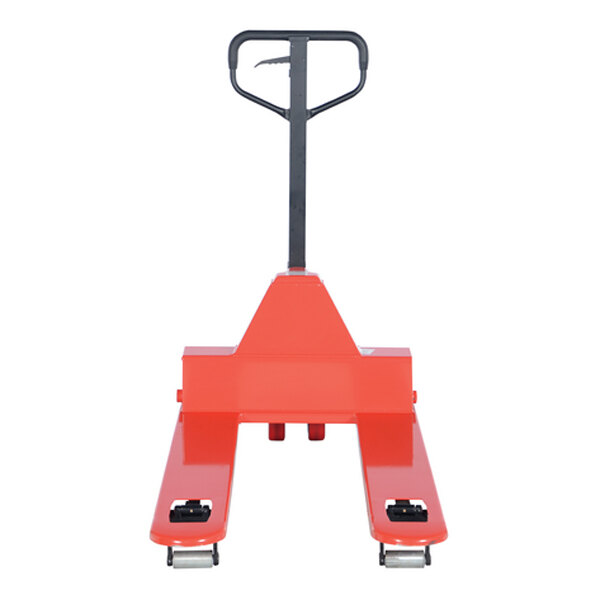 A red and black metal Vestil pallet truck with a handle and wheels.
