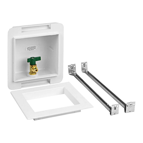 A white rectangular Oatey ice maker outlet box with a green valve.