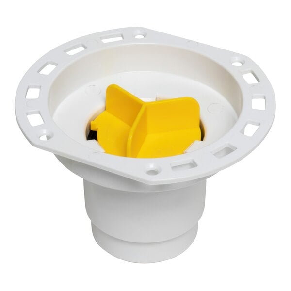 A white plastic Oatey freestanding tub drain with a yellow handle.