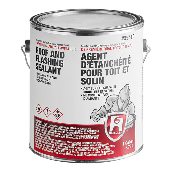 A white can of Hercules Roof and Flashing Sealant with red and black text.