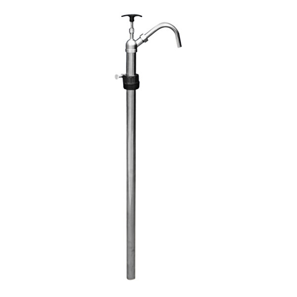 A silver metal Vestil stainless steel drum pump with a black lever.