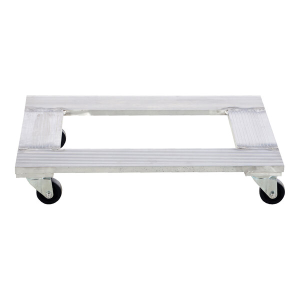 A silver aluminum dolly with black wheels.