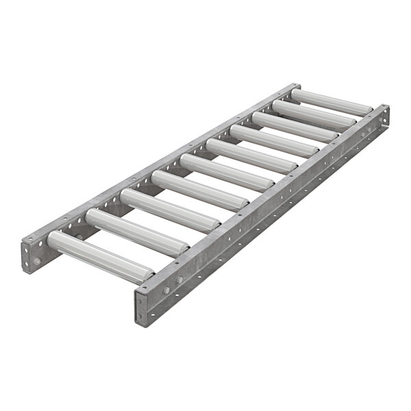 An Omni Metalcraft metal ladder with galvanized steel rollers.