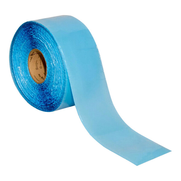 A roll of clear plastic tape with a blue label for Superior Mark 4" x 100' Clear Label Protector Safety Floor Tape.