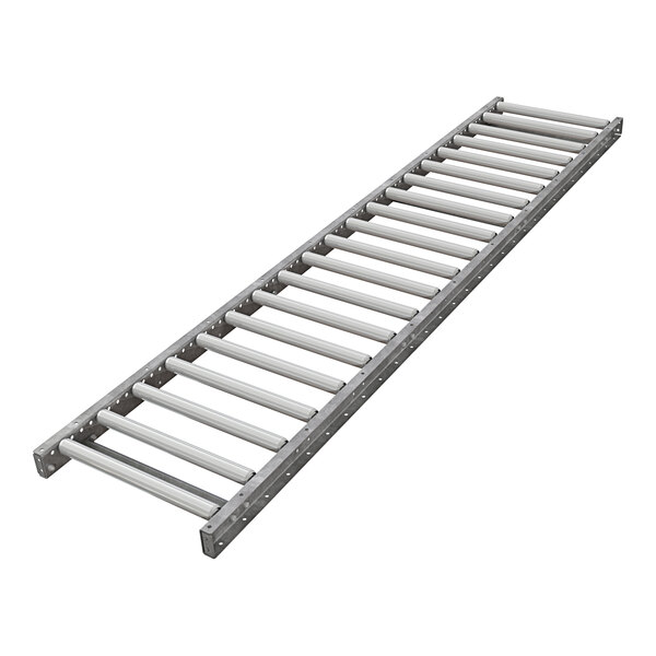 An Omni Metalcraft gravity roller conveyor with galvanized steel rollers on a white background.