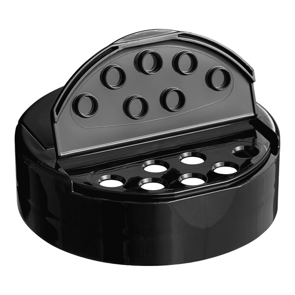 A black circular 63/485 Dual Flapper Spice Lid with 7 holes.