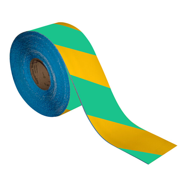 A roll of Superior Mark green and yellow striped safety tape.