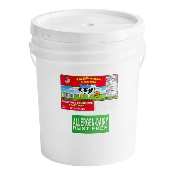 A white California Farms pail with a label that says "sweetened condensed milk"