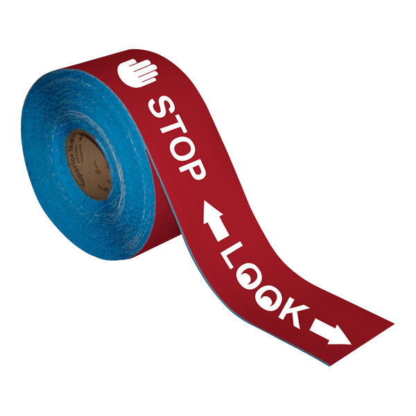 A roll of red and white tape with the words "Stop Look" in white.