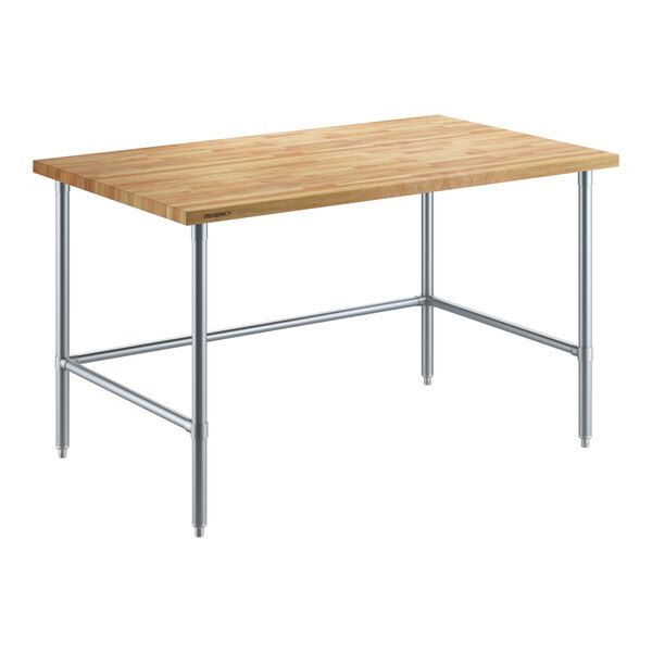 A Regency wood top work table with a galvanized metal base.