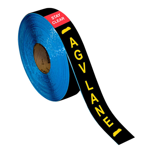 A roll of black, yellow, and red Superior Mark "Stay Clear AGV Lane" safety tape with yellow text.