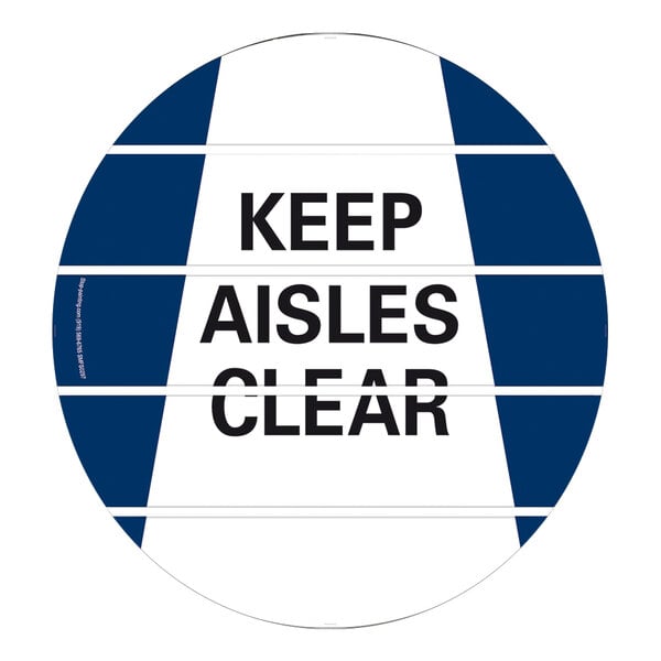 A white and blue Superior Mark "Keep Aisles Clear" safety floor sign with black text.
