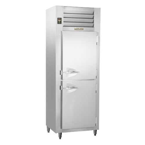 A stainless steel Traulsen reach-in freezer with a white door.