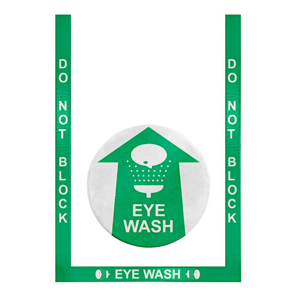 A white and green vinyl floor sign with the words "Eye Wash" in white and a green arrow pointing down.