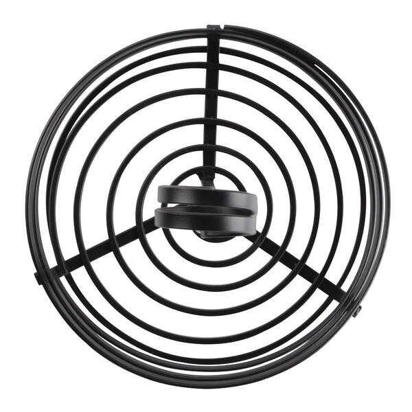 A black round wrought iron condiment caddy with spirals.