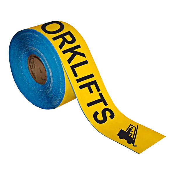 A roll of yellow tape with black text reading "Watch Out For Forklifts"