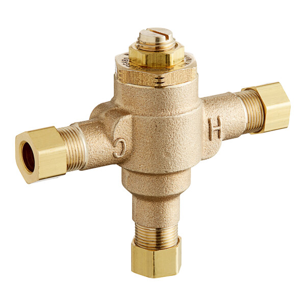 A gold metal Sloan Optima thermostatic mixing valve with a nut.