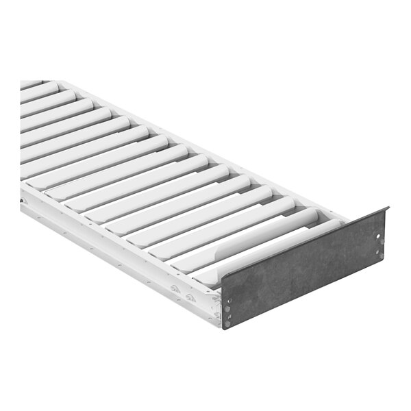 An Omni Metalcraft white metal terminating end stop for a roller conveyor.