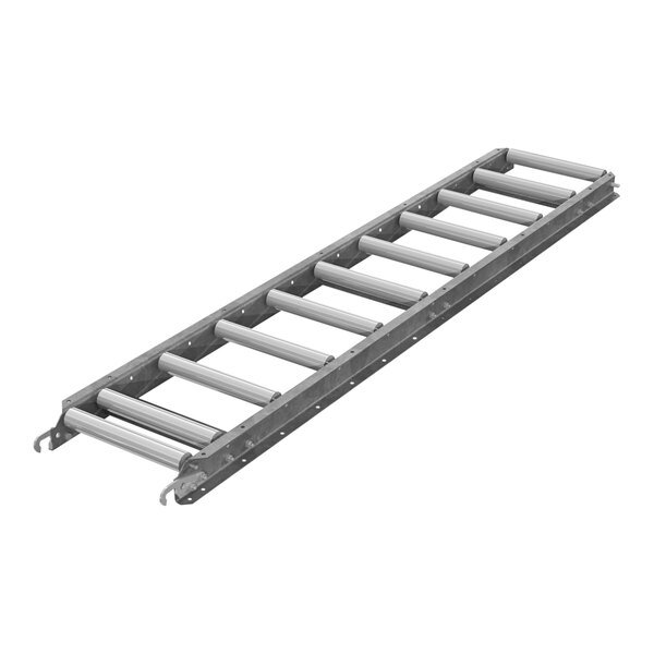 An Omni Metalcraft roller conveyor with galvanized steel rollers and metal bars.