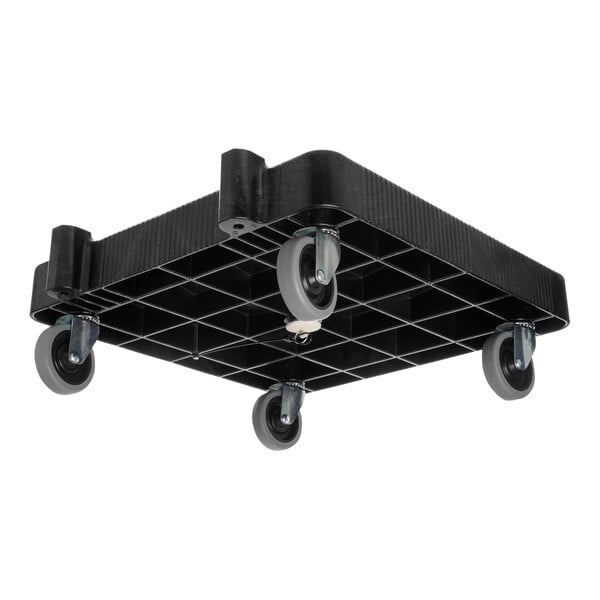 A black plastic Carlisle glass rack dolly with wheels.
