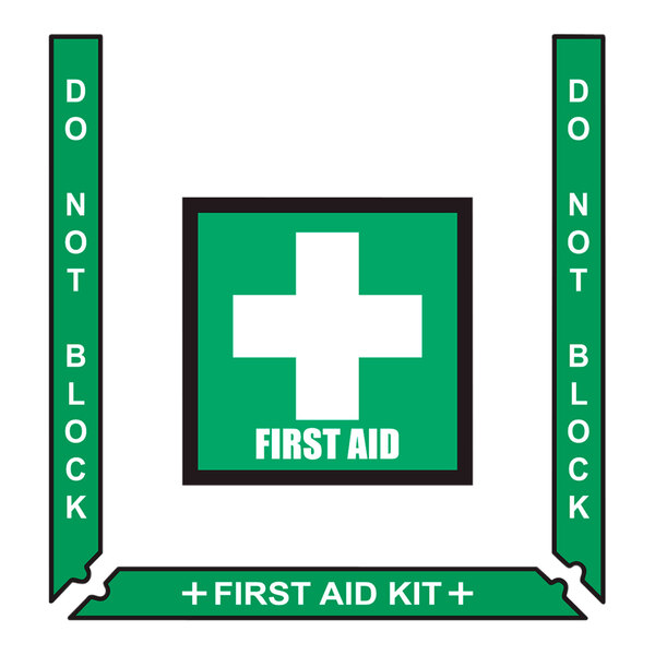 A green rectangular sign with white text reading "First Aid" and a white cross.