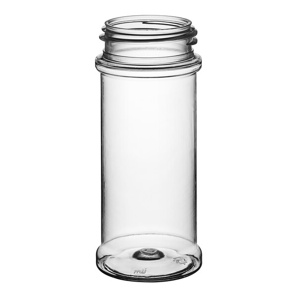 A clear plastic jar with a black lid.