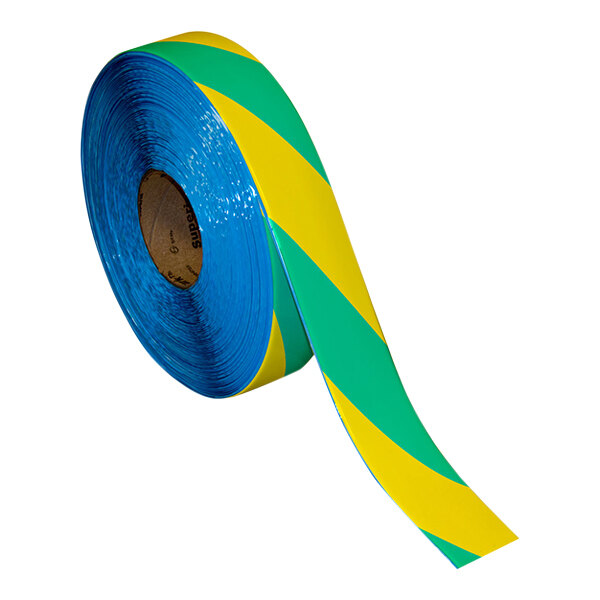 A roll of Superior Mark green and yellow striped safety tape.