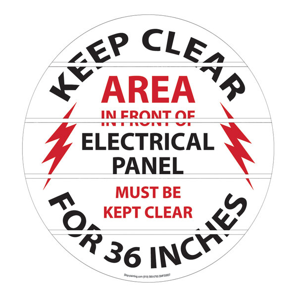 A round black and red Superior Mark floor sign that says "Electrical Panel Keep Clear For 36 Inches"