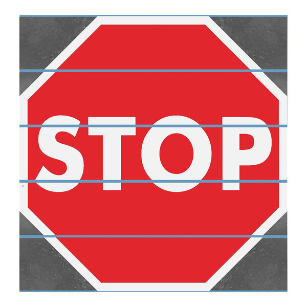 A white floor sign with red and white "Stop" text.