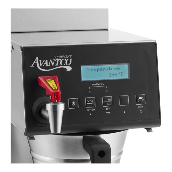 A digital automatic coffee maker with a display screen and control buttons, featuring one upper and one lower decanter.