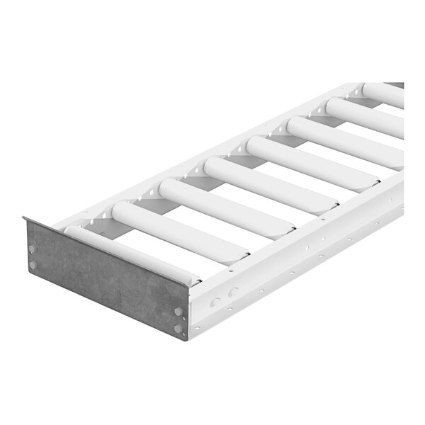 A white metal terminating end for a roller conveyor.