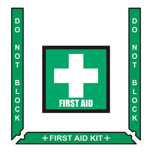 A green rectangular sign with white text that says "First Aid" and has a white cross.