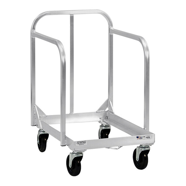 A silver metal cart with black wheels.