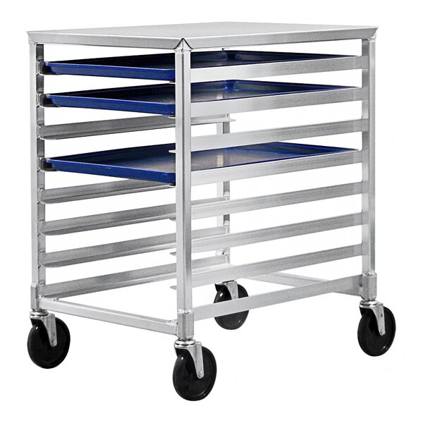 A New Age metal cart with blue shelves.