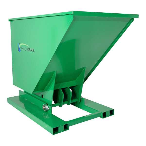 A green metal self-dumping hopper with wheels.