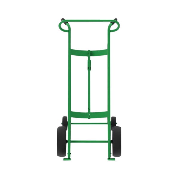 A green hand truck with black wheels.