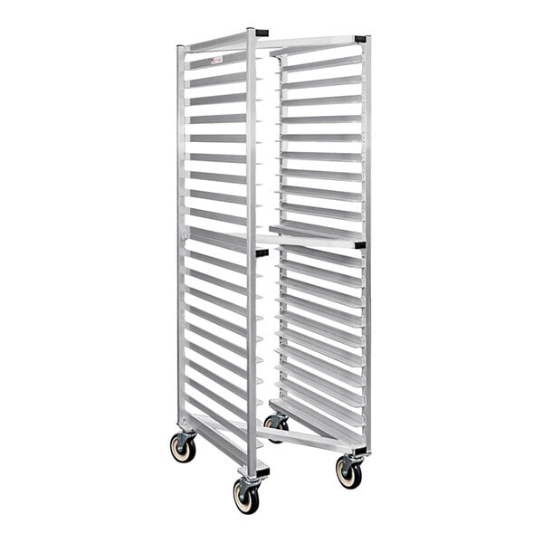 A New Age aluminum sheet pan rack with wheels.