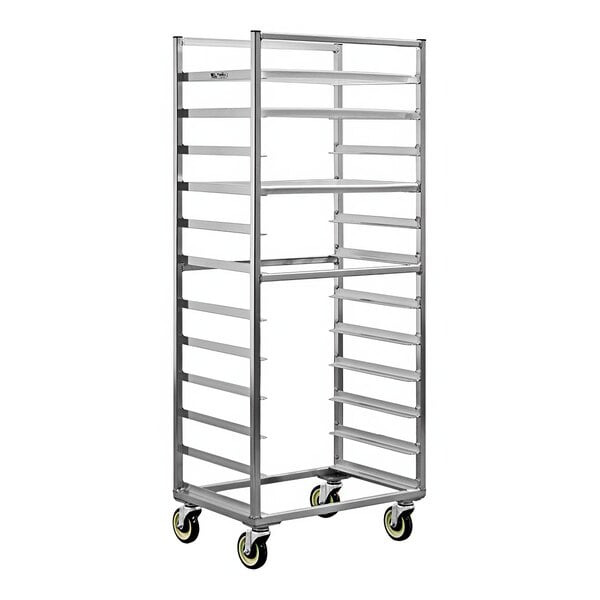 A New Age heavy-duty aluminum sheet pan rack with shelves on wheels.