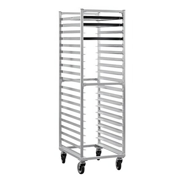 A New Age metal sheet pan rack with black handles holding 20 sheet pans.