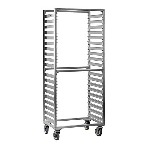 A New Age heavy-duty aluminum sheet pan rack with wheels.