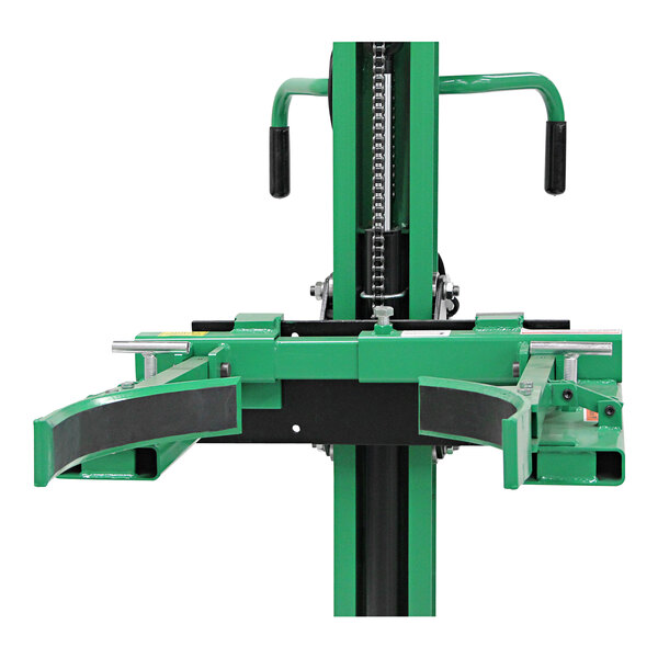 A green Valley Craft drum grip attachment for a hydraulic lift with black handles.