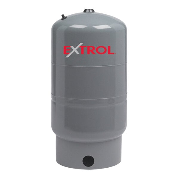 A grey Amtrol vertical cylinder with red "Extrol" text.