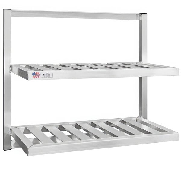 A metal New Age aluminum wall shelf with two shelves.