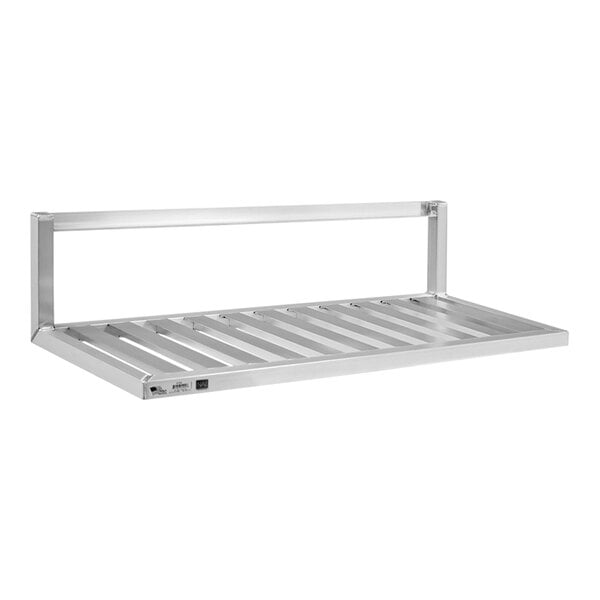 An aluminum T-bar wall shelf with inverted brackets.